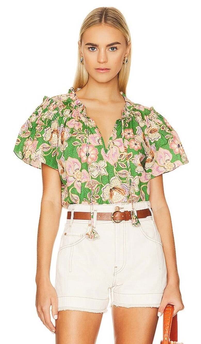 MISA Suparna Green Floral Print Cap Sleeve Tie Neck Peasant Blouse Size Large